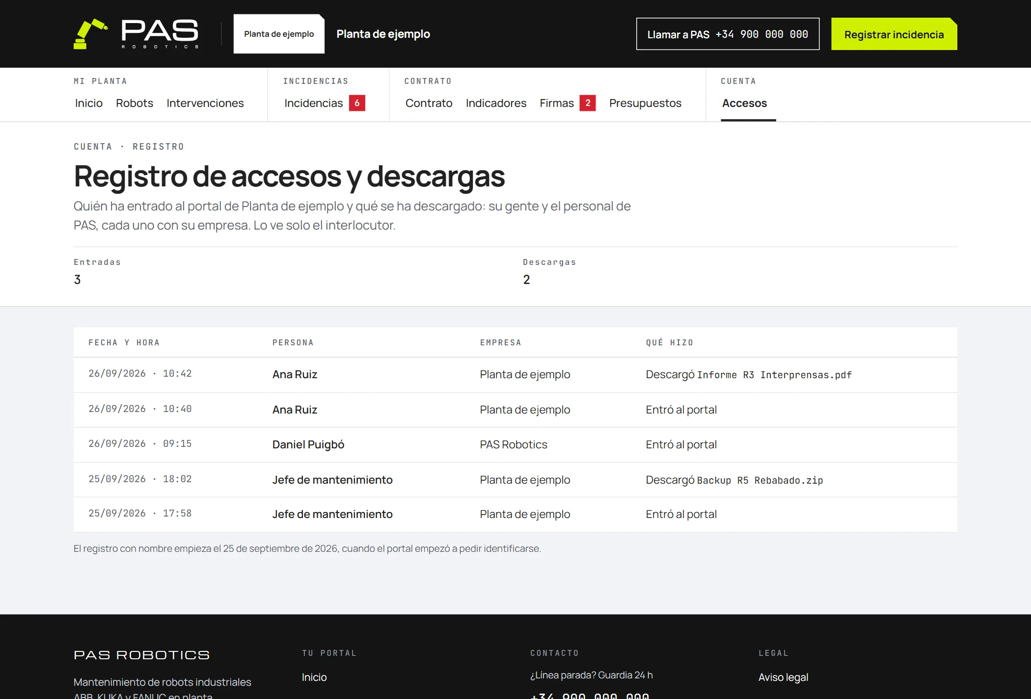 Registro de accesos y descargas del portal